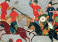 Miniatura histórica del siglo XIV representando caballería mongola en batalla durante las conquistas de Genghis Khan en China con arqueros montados, escudos y armadura lamellar