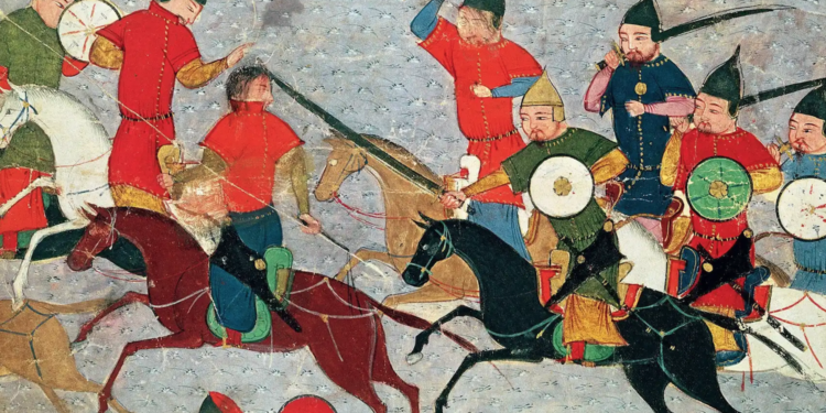 Miniatura histórica del siglo XIV representando caballería mongola en batalla durante las conquistas de Genghis Khan en China con arqueros montados, escudos y armadura lamellar