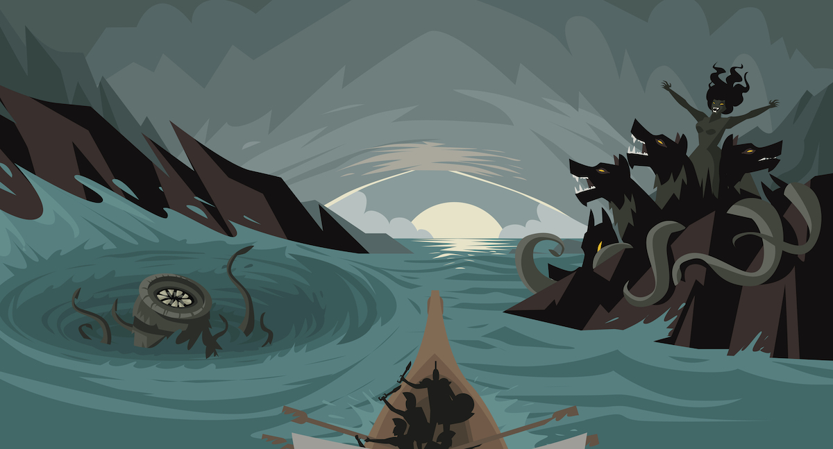 entre Escila y Caribdis y es una frase/ proverbio griego similar a entre la espada y la pared