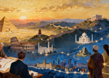 Imagen simbólica del viaje a través de la historia mundial: historiadores investigando, conectados a civilizaciones antiguas como Pirámides de Egipto, Coliseo Romano, Gran Muralla China, Taj Mahal y Partenón griego