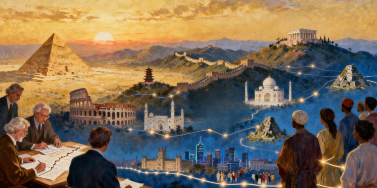 Imagen simbólica del viaje a través de la historia mundial: historiadores investigando, conectados a civilizaciones antiguas como Pirámides de Egipto, Coliseo Romano, Gran Muralla China, Taj Mahal y Partenón griego