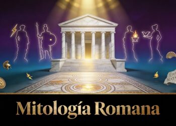 Portada de Mitología Romana: templo romano con columnas de mármol, silhuetas doradas de dioses (Júpiter, Marte, Vesta, Venus), mosaico romano en el suelo, luz dorada, y símbolos latinos