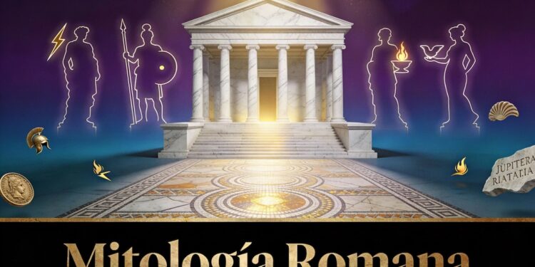 Portada de Mitología Romana: templo romano con columnas de mármol, silhuetas doradas de dioses (Júpiter, Marte, Vesta, Venus), mosaico romano en el suelo, luz dorada, y símbolos latinos