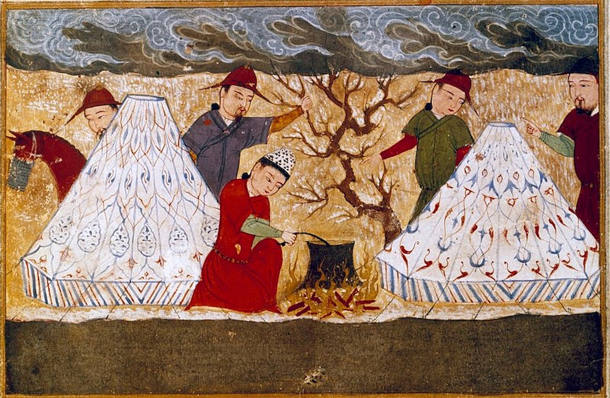 La Pax Mongolica facilitó fusiones culturales como esta miniatura persa del Jami al-Tawarikh de Rashid al-Din (c.1430), donde artistas persas representan escenas cotidianas mongolas.