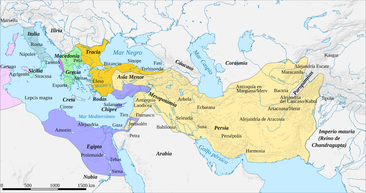 mapa con los reinos de los diadocos una vez que terminaron los enfrentamientos.