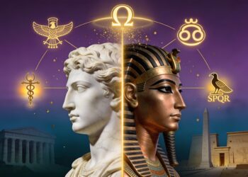 Portada de Sincretismo Religioso Antiguo: busto dividido entre rostro griego blanco (izquierda) y rostro egipcio bronce (derecha), separados por línea dorada, rodeados de símbolos de Hermes, Thoth, Om, Omega y SPQR, con templo griego y templo egipcio en fondo
