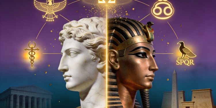 Portada de Sincretismo Religioso Antiguo: busto dividido entre rostro griego blanco (izquierda) y rostro egipcio bronce (derecha), separados por línea dorada, rodeados de símbolos de Hermes, Thoth, Om, Omega y SPQR, con templo griego y templo egipcio en fondo