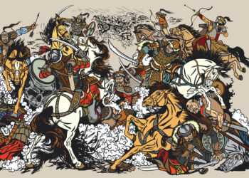 Batalla entre guerreros mongoles de las estepas en el siglo XII