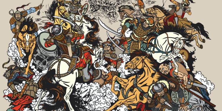 Batalla entre guerreros mongoles de las estepas en el siglo XII