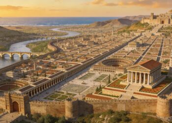 Reconstrucción artística de Antioquía en el siglo II a.C., mostrando la ciudad helenística con arquitectura griega, murallas concéntricas y el río Orontes.