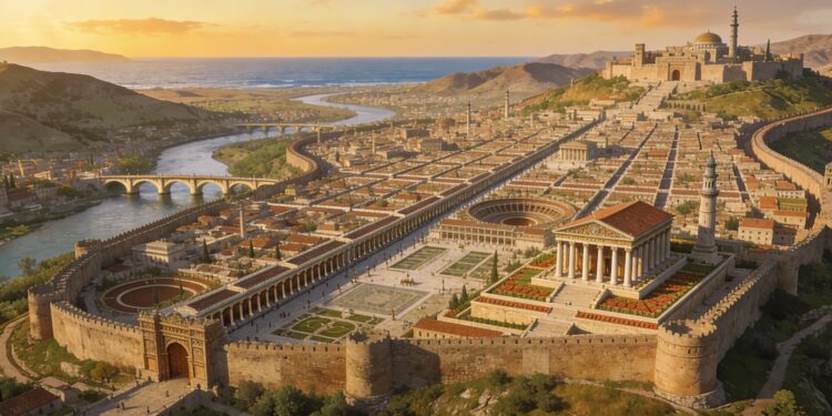 Reconstrucción artística de Antioquía en el siglo II a.C., mostrando la ciudad helenística con arquitectura griega, murallas concéntricas y el río Orontes.