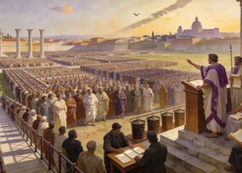 Asambleas populares romanas (Comicio) en el Campus Martius mostrando ciudadanos votando en urnas organizados por centurias, con magistrados presidiendo el proceso electoral