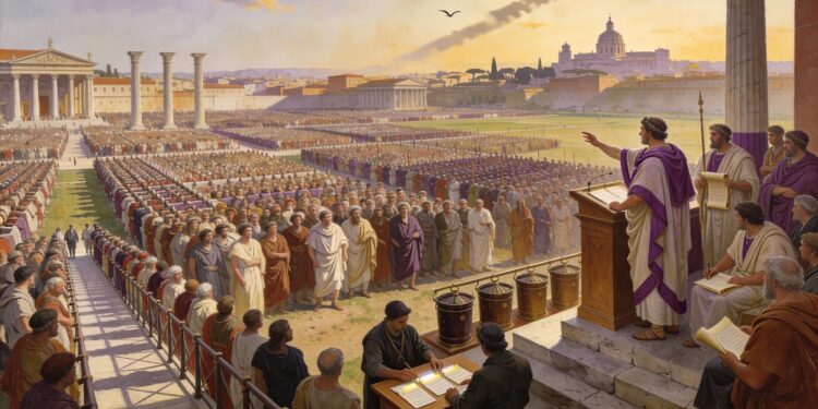 Asambleas populares romanas (Comicio) en el Campus Martius mostrando ciudadanos votando en urnas organizados por centurias, con magistrados presidiendo el proceso electoral
