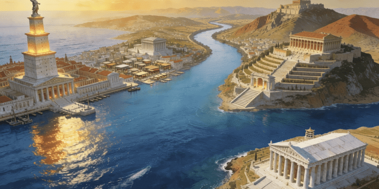 Las cuatro grandes ciudades helenísticas del Mediterráneo - Alejandría, Antioquía, Pérgamo y Éfeso conectadas por rutas comerciales.