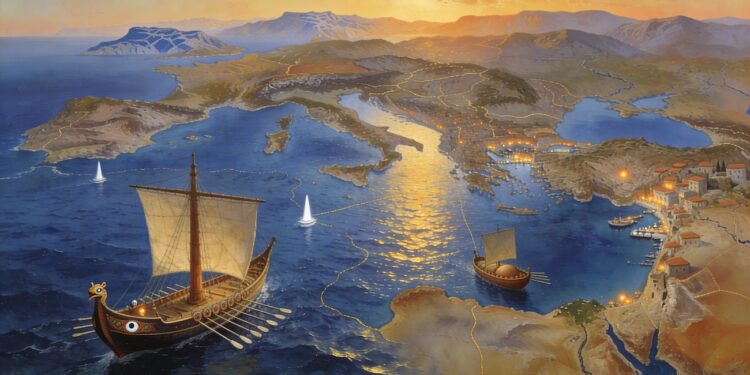 Comercio mediterráneo antiguo: rutas comerciales, puertos principales y navegación de barcos antiguos en la economía helenística y romana.