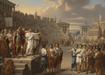 Tito Quincio Flaminino proclamando la libertad de las ciudades griegas en los Juegos Ístmicos de Corinto, 196 a.C., rodeado de soldados romanos y ciudadanos griegos en el estadio, marcando el inicio de la hegemonía romana sobre Grecia