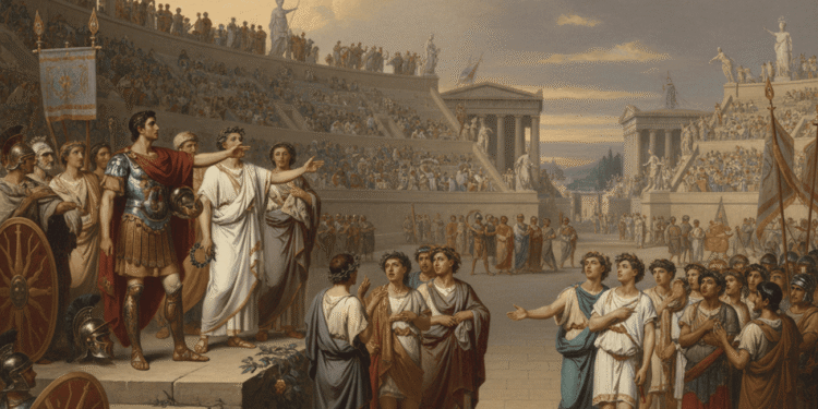 Tito Quincio Flaminino proclamando la libertad de las ciudades griegas en los Juegos Ístmicos de Corinto, 196 a.C., rodeado de soldados romanos y ciudadanos griegos en el estadio, marcando el inicio de la hegemonía romana sobre Grecia