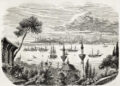 Vista histórica de Constantinopla desde el Bósforo, mostrando la ciudad densamente poblada con el Hipódromo, Hagia Sophia y las murallas defensivas