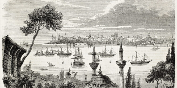 Vista histórica de Constantinopla desde el Bósforo, mostrando la ciudad densamente poblada con el Hipódromo, Hagia Sophia y las murallas defensivas
