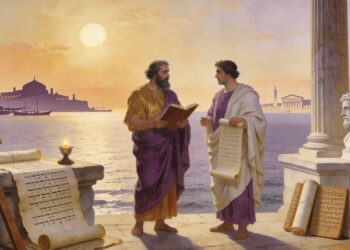 Encuentro de eruditos cristianos con símbolos de la síntesis cultural entre cristianismo, judaísmo y cultura romana antigua