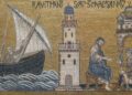 Mosaico medieval que muestra a San Marcos en Alejandría, con el Faro de Alejandría al centro y un barco misionero a la izquierda, simbolizando la expansión del cristianismo helenístico por el Mediterráneo.