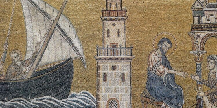 Mosaico medieval que muestra a San Marcos en Alejandría, con el Faro de Alejandría al centro y un barco misionero a la izquierda, simbolizando la expansión del cristianismo helenístico por el Mediterráneo.