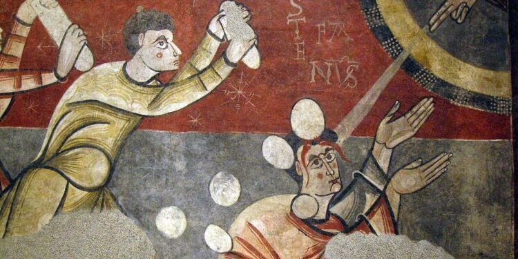 Pintura que representa la lapidación de Esteban, primer mártir cristiano, símbolo del martirio en el cristianismo primitivo y las persecuciones de las primeras comunidades cristianas