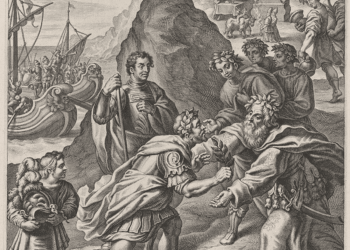 Encuentro entre Evandro, rey de Arcadia, y el héroe Eneas en la costa del Lacio. Evandro (centro, con corona de laurel) recibe a Eneas (de pie con lanza) cerca de sus barcos. Al fondo, la ciudad de Palanteo en una colina con templos.