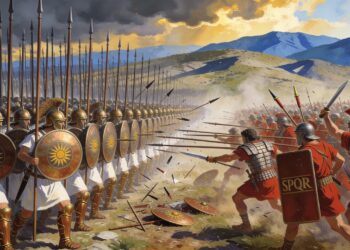 Batalla de las Guerras Macedónicas mostrando falange macedonia con sarisas enfrentando legiones romanas en terreno griego, representación histórica del conflicto entre Roma y Macedonia (214-148 a.C.)