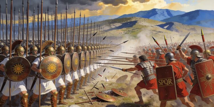 Batalla de las Guerras Macedónicas mostrando falange macedonia con sarisas enfrentando legiones romanas en terreno griego, representación histórica del conflicto entre Roma y Macedonia (214-148 a.C.)