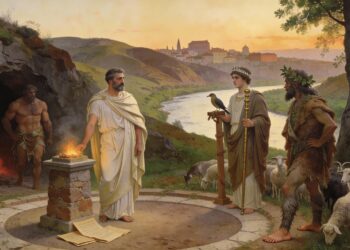 Héroes legendarios del antiguo Lacio en escena mítica: Evandro, Caco, Fauno y otros personajes de la mitología romana con la ciudad del Lacio al fondo