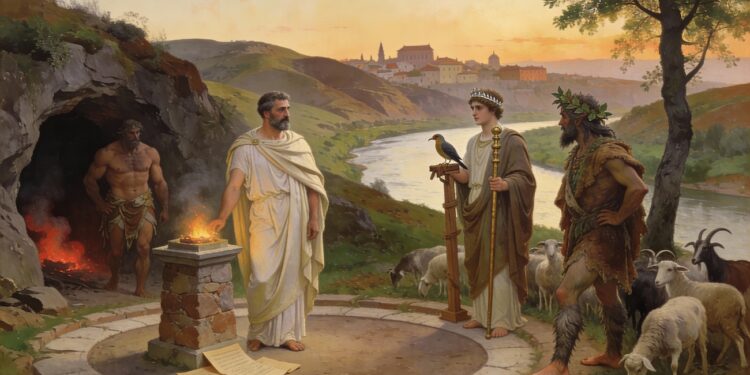 Héroes legendarios del antiguo Lacio en escena mítica: Evandro, Caco, Fauno y otros personajes de la mitología romana con la ciudad del Lacio al fondo