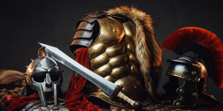 Guardia Pretoriana romana: uniforme de la élite militar imperial con armadura dorada, casco romano y espada gladius. Los pretorianos fueron los guardianes más poderosos del Imperio Romano bajo los Césares.