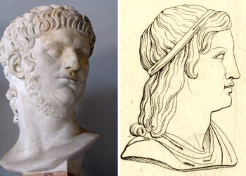 Busto de mármol del emperador Nerón (54-68 d.C.) junto a grabado histórico de Suetonio, historiador romano cuyo relato en Las Vidas de los Doce Césares definió la narrativa occidental del tirano