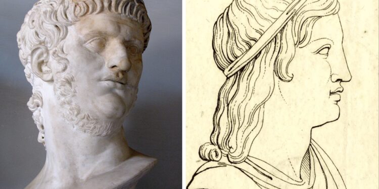 Busto de mármol del emperador Nerón (54-68 d.C.) junto a grabado histórico de Suetonio, historiador romano cuyo relato en Las Vidas de los Doce Césares definió la narrativa occidental del tirano