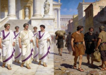 Contraste entre patricios y plebeyos en la antigua Roma: patricios en togas púrpura en templo vs plebeyos en ropa simple trabajando
