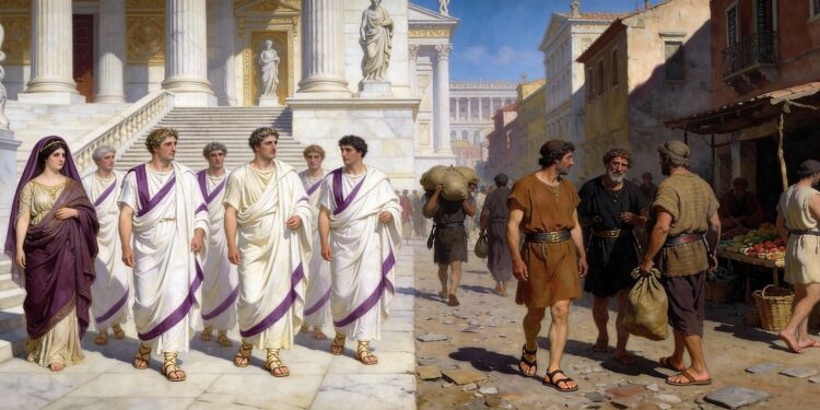 Contraste entre patricios y plebeyos en la antigua Roma: patricios en togas púrpura en templo vs plebeyos en ropa simple trabajando