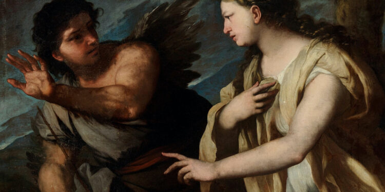 Pico alado y Circe en el mito romano: la hechicera intenta seducir al rey aborígen pero es rechazada, momento previo a su castigo mágico