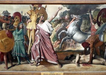 Rómulo, fundador legendario de la Monarquía Romana, según la pintura "Rómulo vencedor de Acron" de Jean-Auguste-Dominique Ingres (1812)