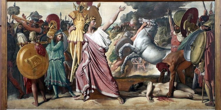 Rómulo, fundador legendario de la Monarquía Romana, según la pintura "Rómulo vencedor de Acron" de Jean-Auguste-Dominique Ingres (1812)