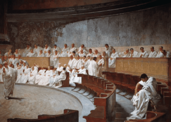 Senadores romanos en togas blancas durante una sesión del Senado Romano en la Curia