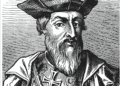 Vasco da Gama, navegante portugués que descubrió la ruta a India, retratado en grabado histórico del siglo XVI con símbolos de su rango y autoridad.