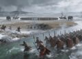 Batalla del rio Trebia. Legionarios romanos cruzando el río Trebia en invierno bajo el ataque cartaginés (218 a.C.)