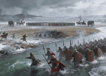 Batalla del rio Trebia. Legionarios romanos cruzando el río Trebia en invierno bajo el ataque cartaginés (218 a.C.)