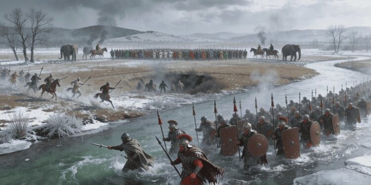 Batalla del rio Trebia. Legionarios romanos cruzando el río Trebia en invierno bajo el ataque cartaginés (218 a.C.)