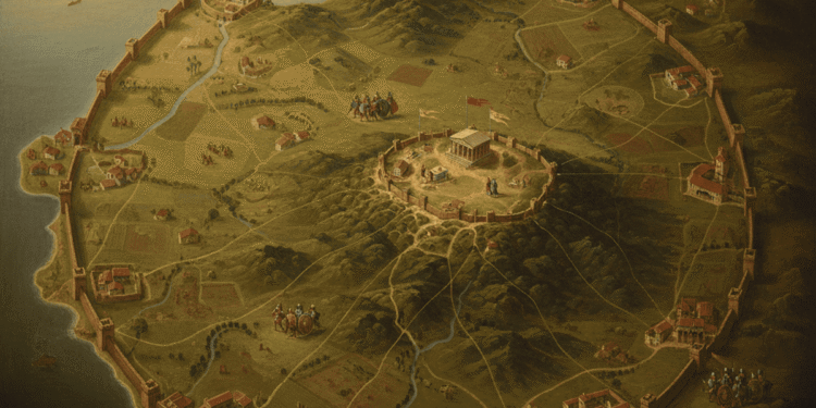 Reconstrucción de una ciudad confederada del Lacio durante el período de la Liga Latina. Ilustra la estructura organizativa de la confederación de ciudades latinas que compartían defensa mutua y gobierno confederado antes de la dominación romana.