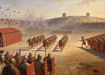 Técnicas militares romanas: reconstrucción artística de legionarios romanos en formación cerrada durante un asedio. Se aprecia la lluvia de flechas enemigas cayendo sobre los escudos rojos romanos mientras los legionarios mantienen su formación y lanzan pilums contra la muralla fortificada.