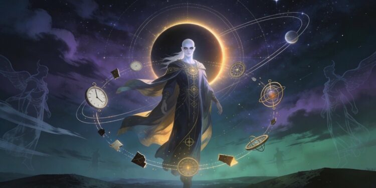 Amenadiel, el ángel emperador del oeste en el Ars Theurgia-Goetia, con relojes e instrumentos astronómicos orbitando a su alrededor