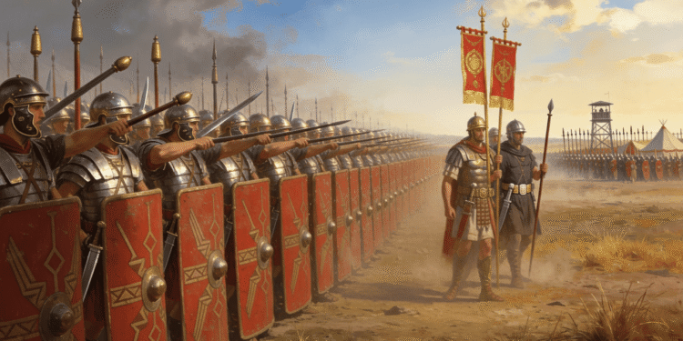 Detalle de legionarios romanos en formación cerrada mostrando las armas romanas: escudos rojos decorados con símbolos dorados, cascos metálicos, pilums (jabalinas romanas) y armadura segmentata. Oficiales romanos con insignias de mando.