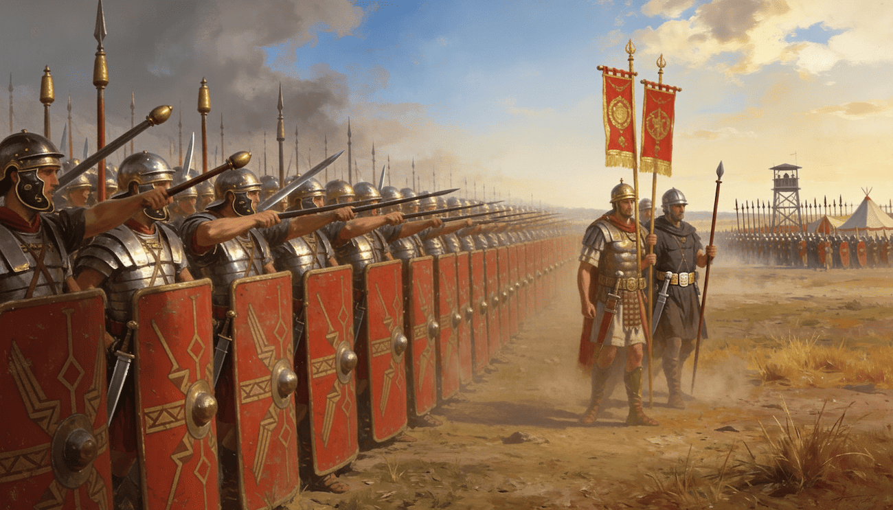 Detalle de legionarios romanos en formación cerrada mostrando armamento romano: escudos rojos decorados con símbolos dorados, cascos metálicos, pilums (jabalinas romanas) y armadura segmentata. Oficiales romanos con insignias de mando